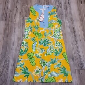 CK BRADLEY Calia Linen Dress Winifred Yellow Floral Mini Sleeveless LG  NEW $258